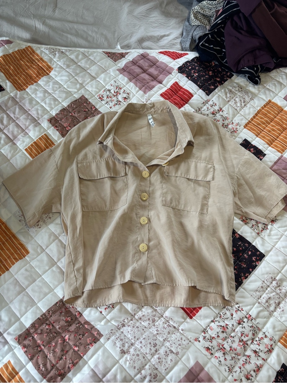 Zara Beige Short-Sleeve Button Front Blouse